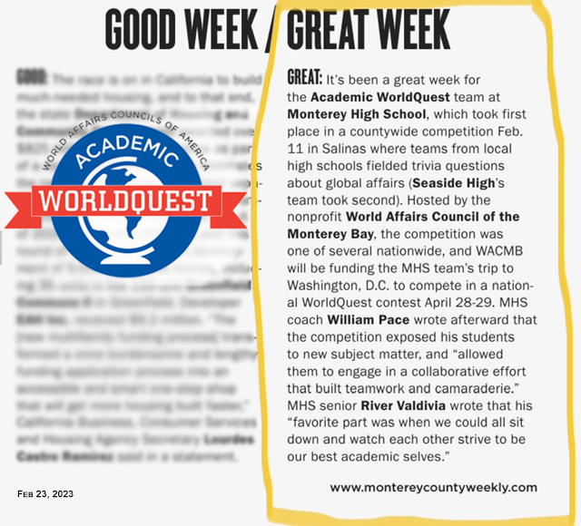 Academic WorldQuest has a “Great Week” per Monterey County Weekly